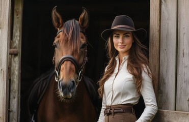 Obraz premium A graceful woman in equestrian attire guides her horse out of a stable into daylight