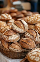 A stack of round sourdough loaves resembling rye or wheat bread with rough crusts