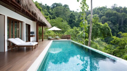 A pool is surrounded by trees and a small house