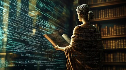 A Digital  Overlay of a Statue Holding a Book in a Library