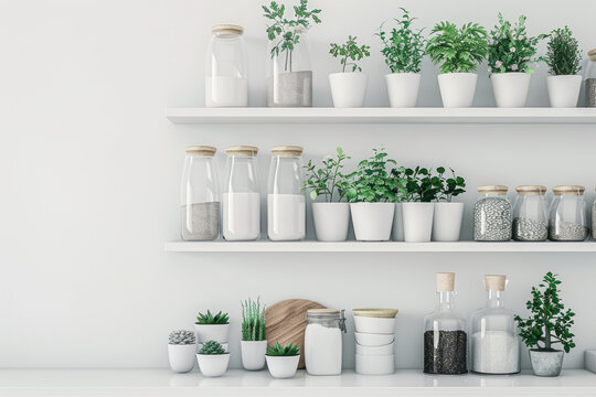 Orden en casa. Botellas de vidrio con legumbres. Muchas plantas arom&aacute;ticas en maceteros blancos. 