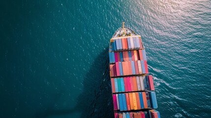 Container ship from above, packed with various colored containers, deep blue sea, clear sky, ample copy space