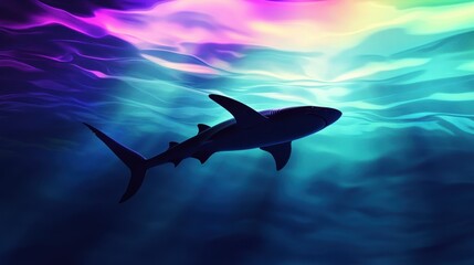 Fototapeta premium A stylized image of a shark swimming in vibrant, colorful underwater light.