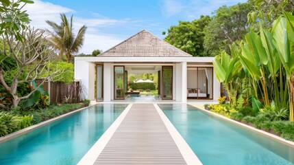 Fototapeta premium A large white house with a pool and a patio