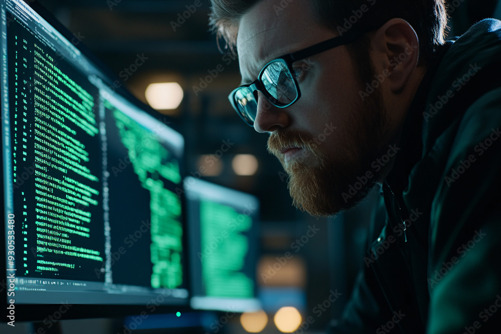 Poster a man with glasses is looking at a computer screen with a lot of green text
