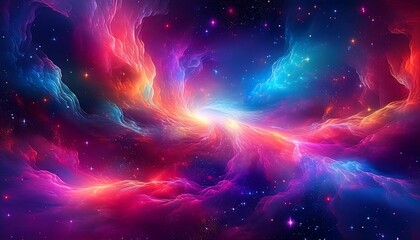 Fototapeta premium Holographic Nebula - An abstract space background that mimics a cosmic nebula using 3D holographic. Graphic art illustration poster