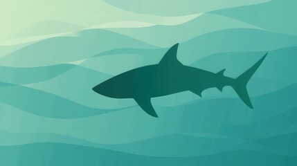 Obraz premium A stylized shark silhouette swimming in wavy blue-green water.