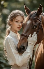 Fototapeta premium Elegant woman in white shirt, beige pants, touching horse's head at equestrian center, outdoors