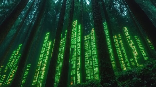 Digital green code glowing in forest trees, futuristic technology concept