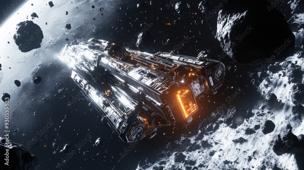 Aufkleber a space station operates in the depths of space, efficiently processing resources while asteroids dr