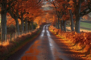 Empty countryside road winding through forest in autumn