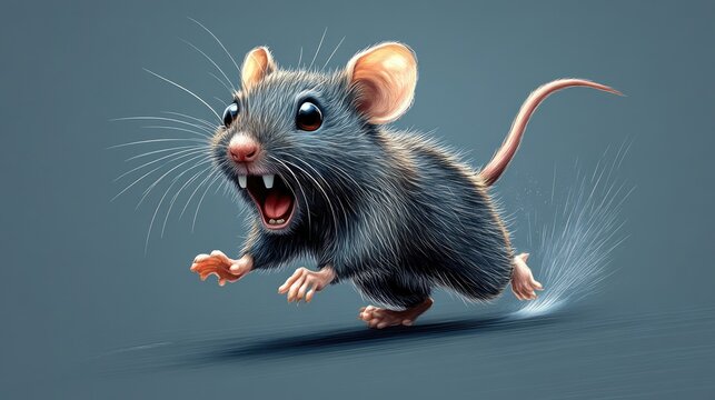 Big gray rat running away while screaming and looking scared