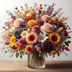 A festive and colorful birthday flower arrangement in full bloom, complete with a Happy Birthday card
