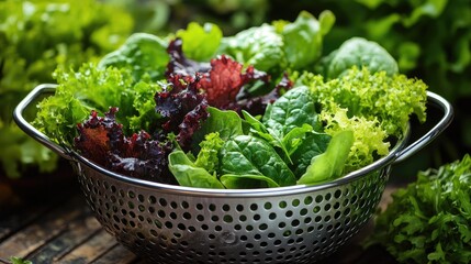 Freshly washed green and red leaf lettuce in colander