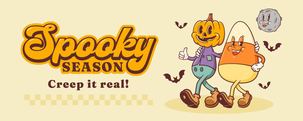 Halloween Groovy Pumpkin and Candy Corn Retro Characters. Cartoon Spooky Personage Banner. Vector Autumn Holiday Mascot Template. Happy Vintage Cool Illustration Isolated