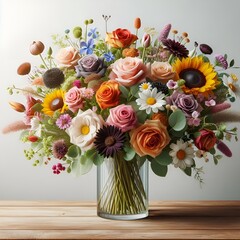 A portrait of a big arrangement of colorful roses in a vase,