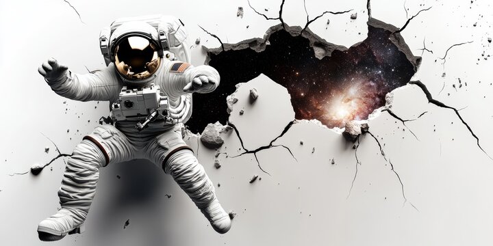 3D astronaut emerging from a cracked wall, with a galaxy visible through the break behind him.