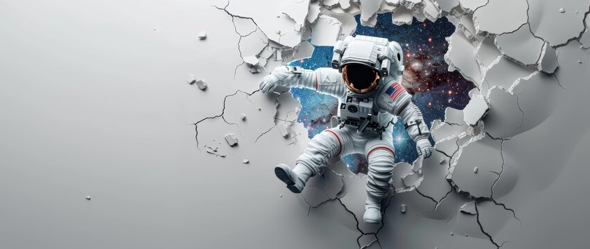 3D astronaut emerging from a cracked wall, with a galaxy visible through the break behind him.