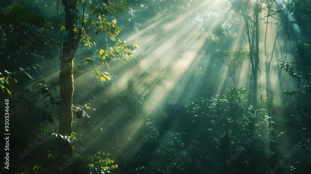 Poster dense forest with rays of sunlight filtering through the trees
