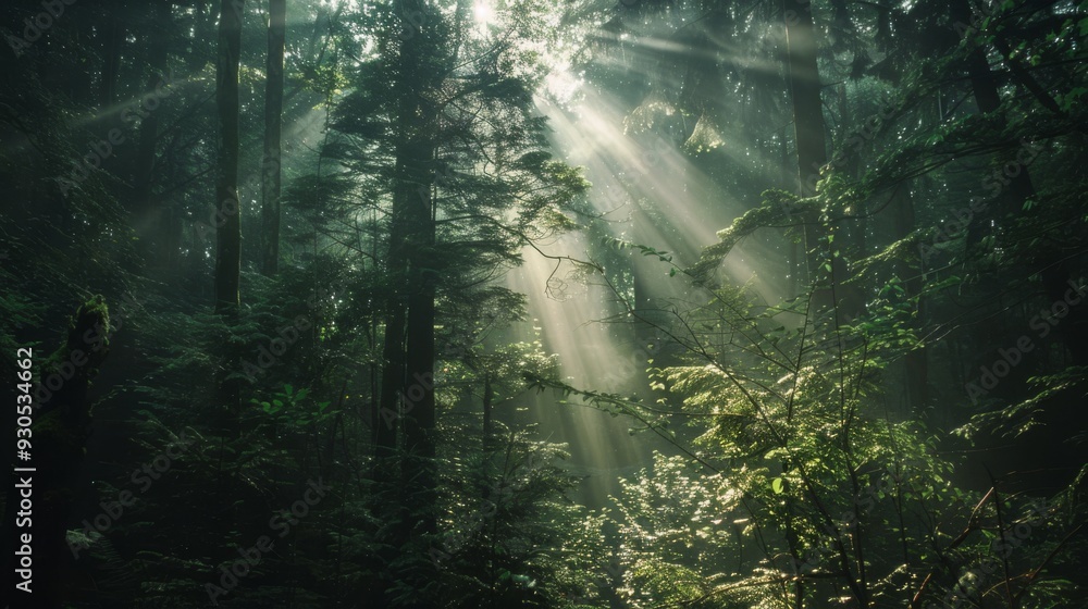 Poster dense forest with rays of sunlight filtering through the trees