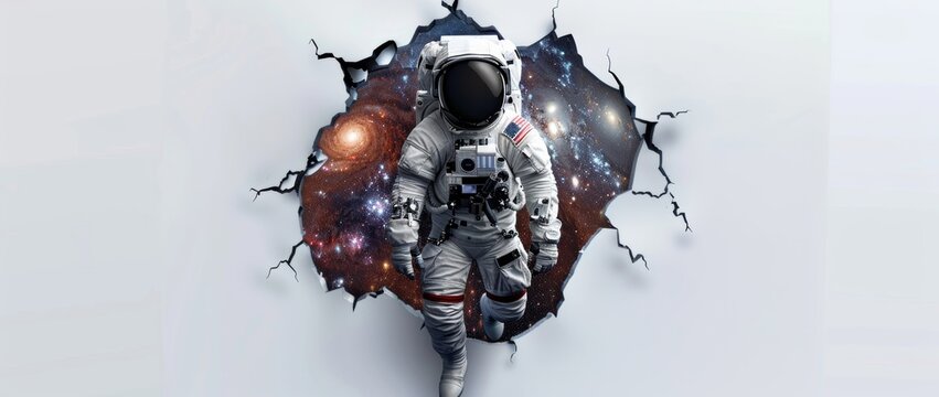 3D astronaut emerging from a cracked wall, with a galaxy visible through the break behind him.