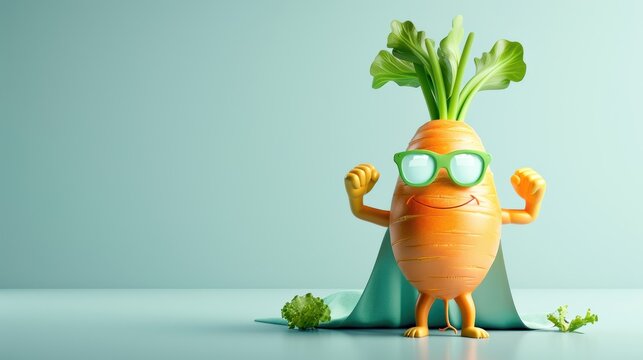 A playful carrot character wearing glasses and a cape, embodying fun and creativity in a vibrant, light background.