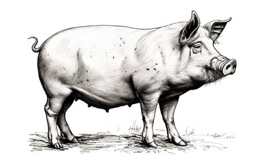 Fototapeta premium Pig, hog, boar. Vintage retro print, black white pig sketch ink pencil style drawing, linear drawing, engrave old school. Sketch artwork silhouette pig, hog, boar. Side view profile. Illustration