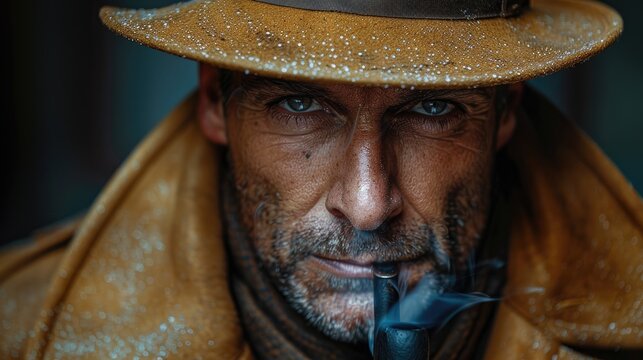 A focused man wearing a brown coat and hat, smoking a pipe with an intense gaze, under dim lighting, highlighting his determined and thoughtful expression, creating a dramatic mood.
