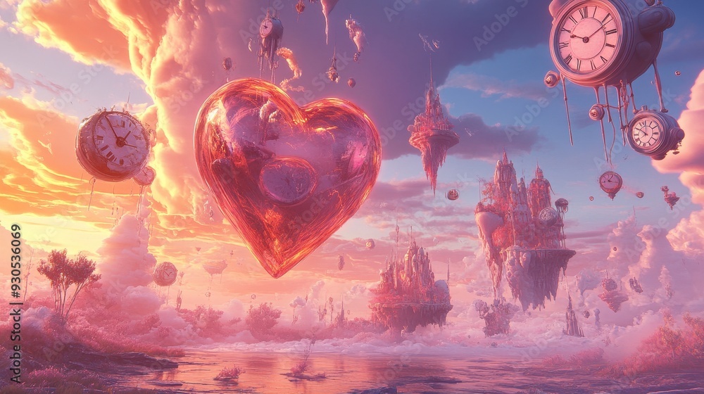 Poster a surreal landscape featuring a giant heart-shaped object and floating clocks amidst clouds.