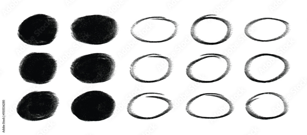 Poster circle charcoal scribble hand drawn vector design elements set. oval charcoal scratch highlight vect