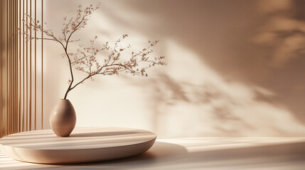 A minimalistic an abstract pedestal podium display scene  interior featuring a simple vase and a branch against warm, neutral tones in a tranquil setting