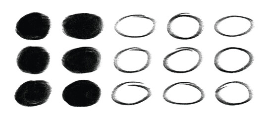 Circle charcoal scribble hand drawn vector design elements set. Oval charcoal scratch highlight vector isolated