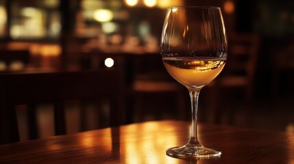 A fine glass of wine elegantly placed on a wooden table, reflecting soft, ambient lighting from a cozy dining area
