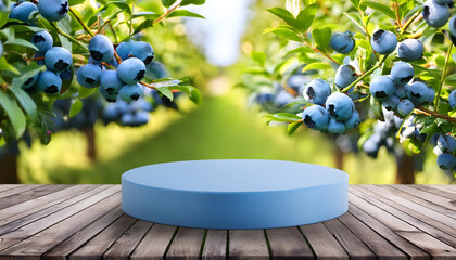 Joyful Empty podium for product presentation and Blueberry tree background.