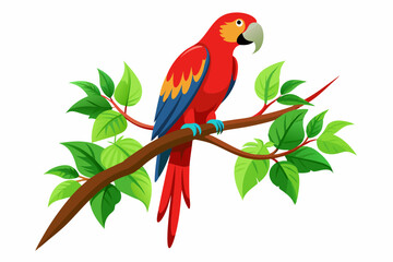 A Scarlet Macaw perched parrot Silhouette Vector Style with A Tree Branch on a White Background.