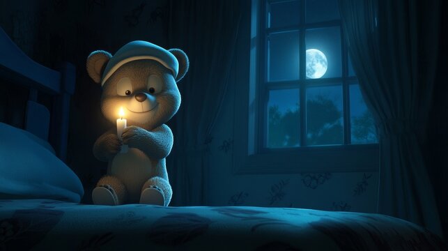 A sleepy cartoon bear wearing a nightcap, holding a candle, tiptoeing through a dark room, with a moonlit window in the background