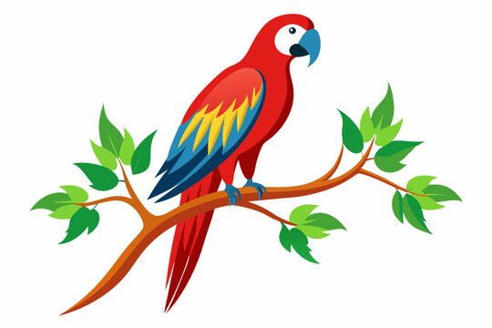 recommend clip art: A Scarlet Macaw perched parrot Silhouette Vector Style with A Tree Branch on a White Background.