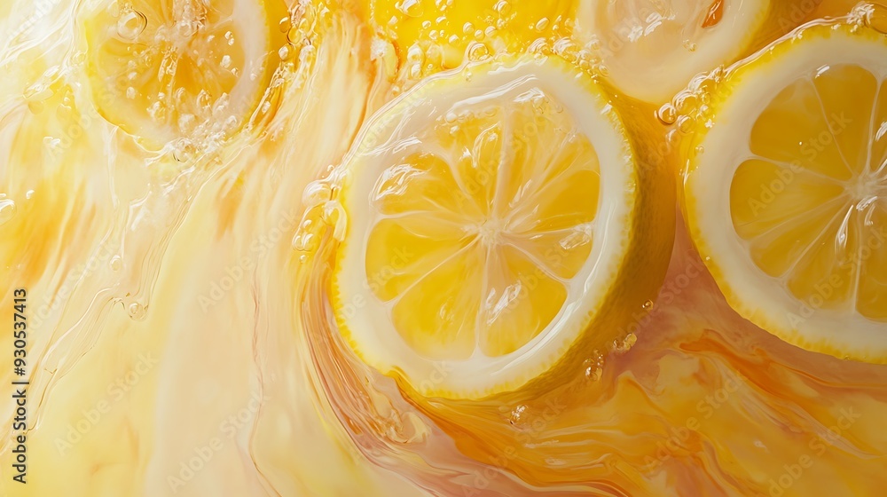 Poster lemon slices floating in yellow liquid with bubbles