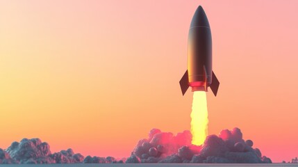 A 3D rocket blasting off into a clear pink sky, symbolizing startup growth and success, set against a playful, futuristic background