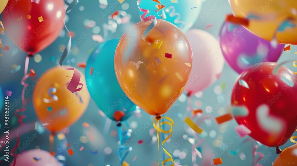 Poster festive event with colorful balloons and streamers