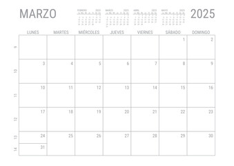 Marzo Calendario 2025 Mensual para imprimir con numero de semanas A4