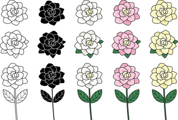Gardenia Flower with Stem and Leaves Illustration Clipart - Isolated Outline and Silhouette Stamp