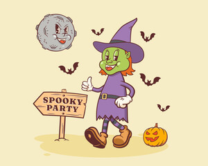 Halloween Groovy Retro Character. Cartoon Witch Walking by a Pumpkin to Spooky Party under Evil Moon. Vector Autumn Holiday Mascot Template. Happy Vintage Cool Illustration Isolated