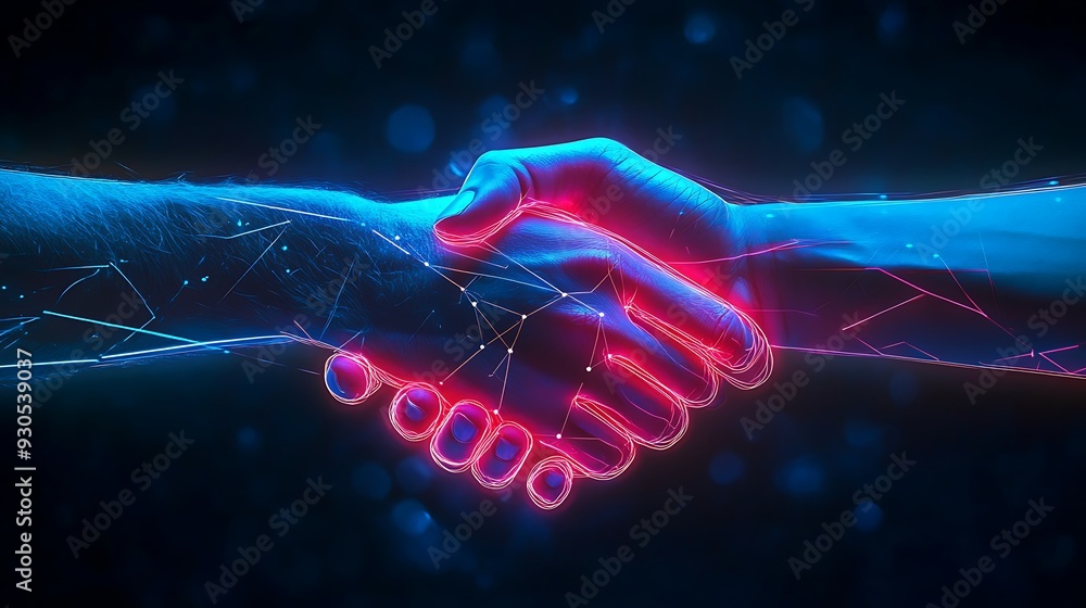 Poster digital handshake with neon lines and dots