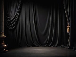 Rich black velvet backdrop with a soft golden mist, glamorous and sophisticated, ideal for luxury skincare or makeup products. Made with generative AI technology