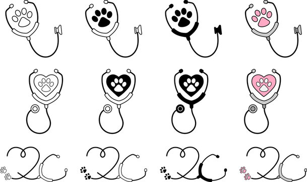 Cartoon Stethoscope Illustration Clipart for Vet Tech with Heart and Pet Paw Print - Isolated Outline, Silhouette and Color