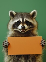Smiling raccoon on a background of gradient holds a rectangular piece of paper in its paws