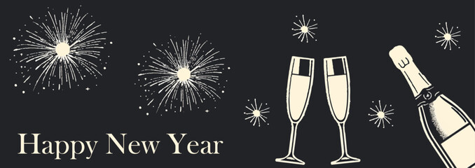 Happy New Year celebration banner with champagne, glasses, and fireworks on dark background. Trendy retro style. Halftone collage with grainy photocopy effect. Vector dots texture.