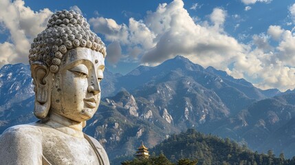 Giant Buddha statue with a majestic backdrop of mountains