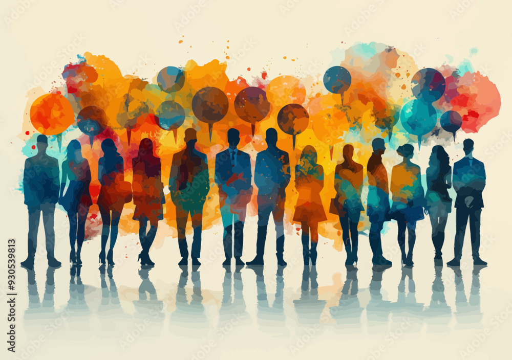 Poster abstract business people in colorful speech bubbles | vector illustration of professionals in discus